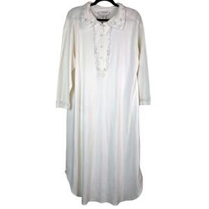 Vintage 80s 90s Cream Off White Nightgown House Dress Embroidered COTTON Large